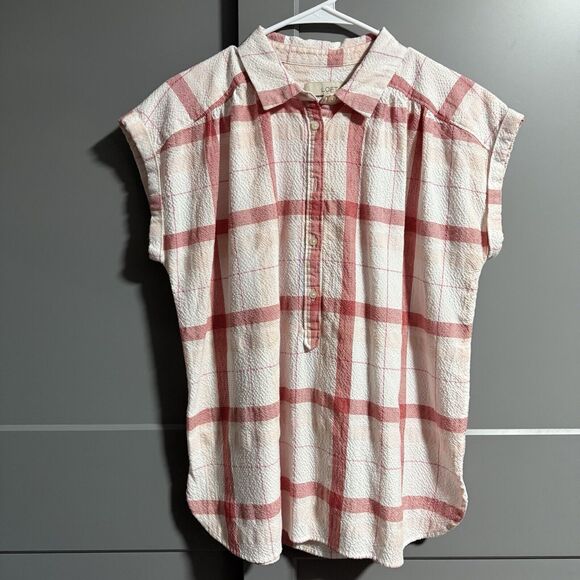 Loft Women Cuff Short Sleeve Plaid Seersucker Oversize Blouse Pink/White Medium - Picture 1 of 7